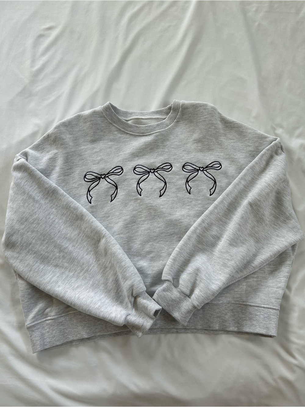 Light Gray Crewneck Sweatshirt with Black Bow Embroidery
